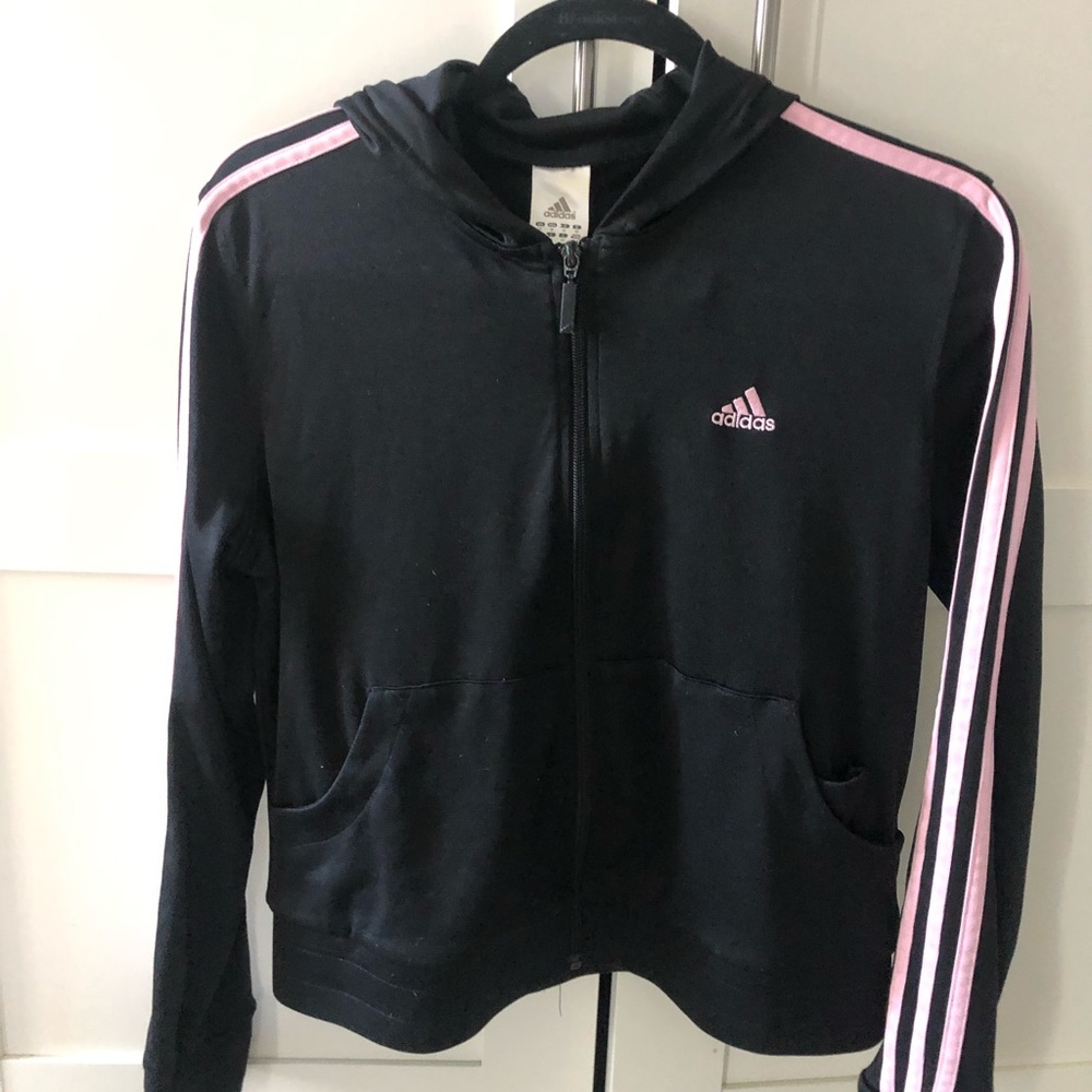 Adidas black track jacket with pink stripes and hoodie